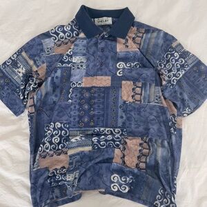 Retro 90s Shelby Men's Blue and Tan Patterned polo Shirt - M